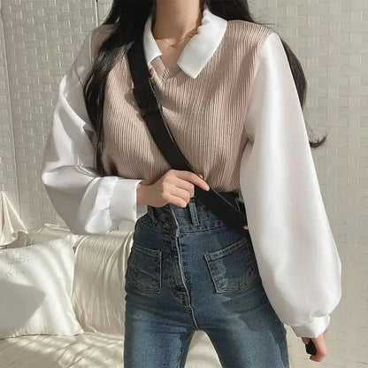 Summer Blouse Women Korean Style False Two-piece Polo Collar Blouses Y2k Tops Streetwear Loose Youth Pullovers Elegant Shirt.