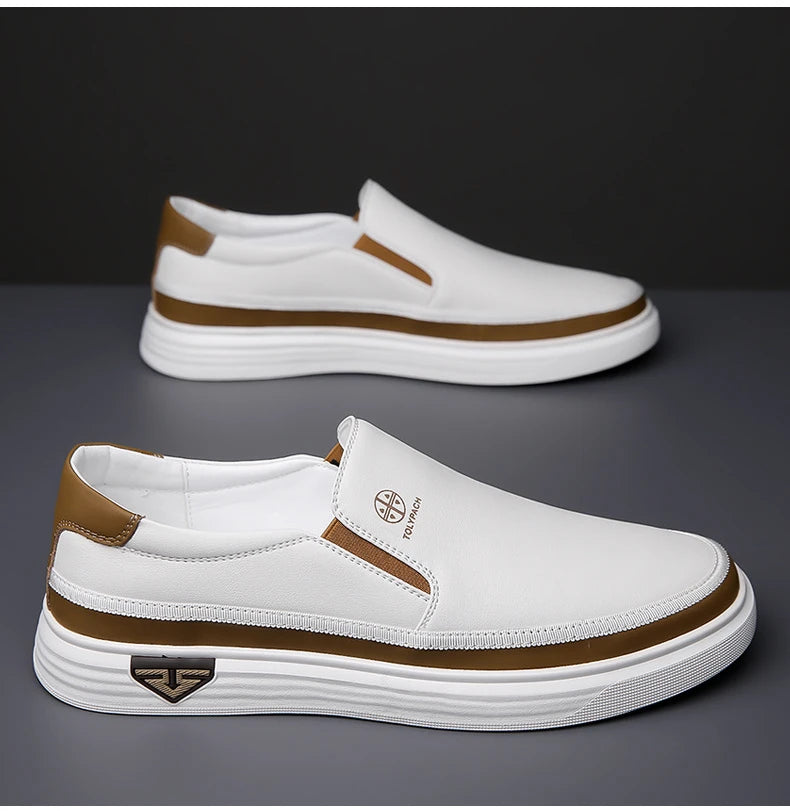New 2025 Men's Genuine Leather Casual Sneakers Spring Summer Fashion Slip-On White Shoes Soft Sole Comfortable for Everyday Wear.