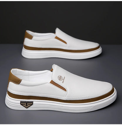 New 2025 Men's Genuine Leather Casual Sneakers Spring Summer Fashion Slip-On White Shoes Soft Sole Comfortable for Everyday Wear.