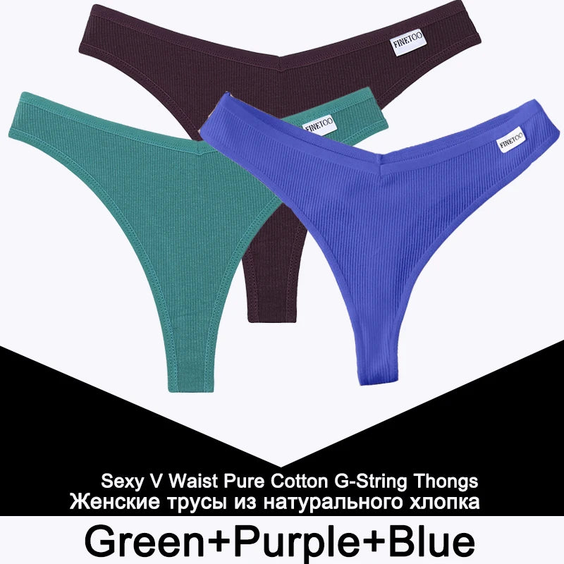 FINETOO 3PCS/Set G-string Panties Cotton Women's Underwear Sexy Panty Female Underpants Thong Solid Color Lingerie T-Back Design