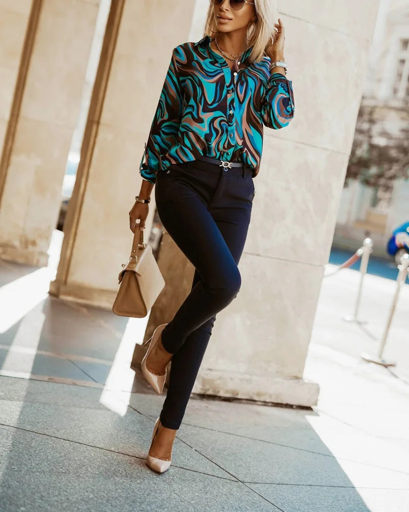 Blue Women's Long-sleeved Shirt, Single-breasted Collar Commuter Shirts, White and Black Slim-fit Top