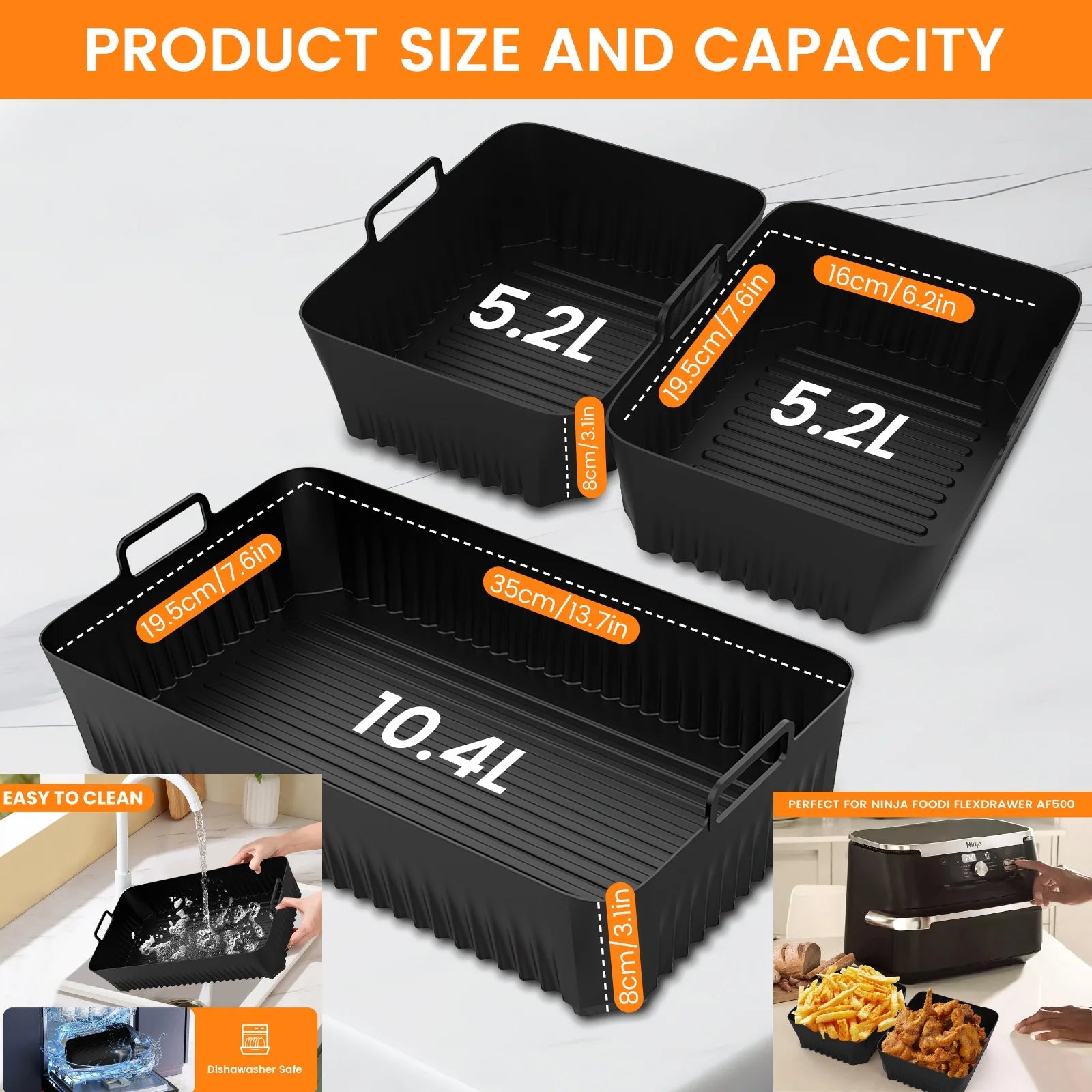 (No Machine) 3Pcs Air Fryer Liners Silicone Pad Tray for Ninja Flex Drawer AF500UK, 5.2L + 10.4L, Kitchen Air Fryer Accessories.
