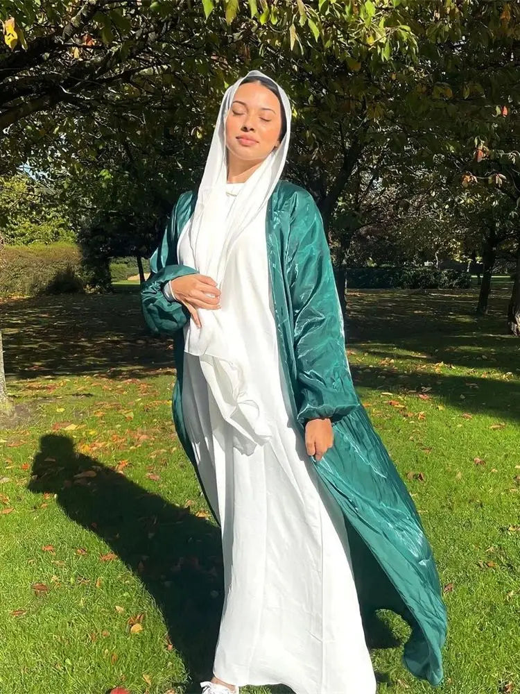 Ramadan Eid Open Satin Kebaya Abaya Dubai Luxury Kimono Kaftan Muslim Islam Dress Abayas For Women Caftan Robe Femme Musulmane.