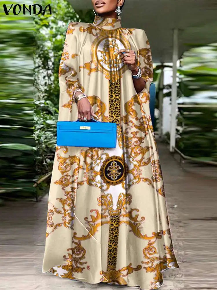 Plus Size 5XL VONDA Women Party Sundress Bohemian Stand Collar Sleeveless Print Maxi Dress Casual Bat Sleeve Satin Long Vestidos.