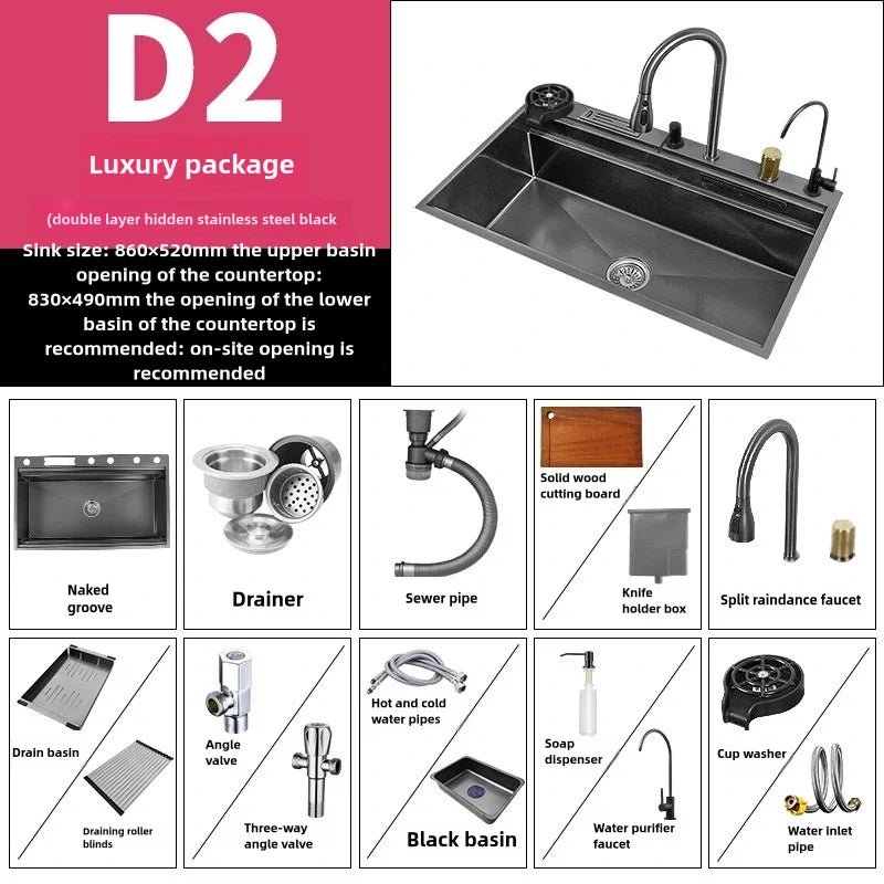 Wasserfall-Küchenspüle aus Edelstahl, extra groß, mit einem Schlitz, multifunktionale Geschirrspülbecken, Unterbaubecken, Tassenwascher