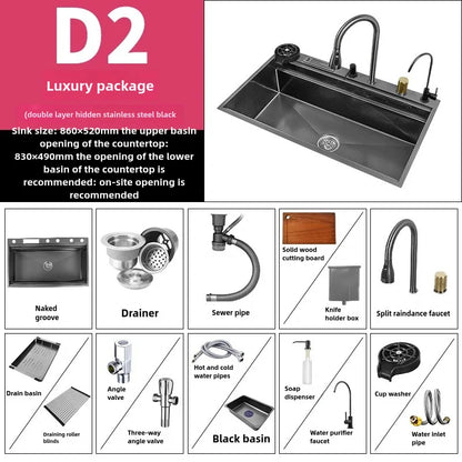 Wasserfall-Küchenspüle aus Edelstahl, extra groß, mit einem Schlitz, multifunktionale Geschirrspülbecken, Unterbaubecken, Tassenwascher