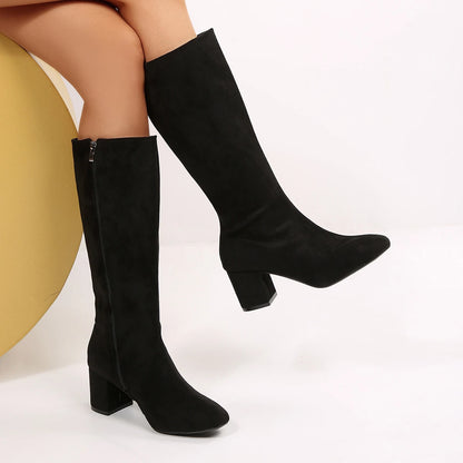 Women Boots Autumn Winter Elastic Slimming Knee-High Boots Fashion Pointed Toe Thick Heel Shoes Woman Side Zipper Casual Botas.