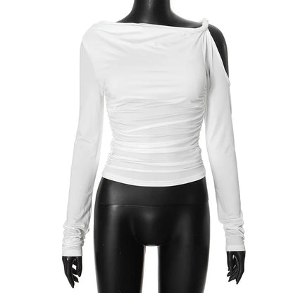 European and American Women's Autumn New Solid One-shoulder Tilted Collar Pleated Asymmetrical Sexy Long-sleeved Top for Women.