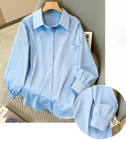 Plus Size Women's Blouses 2025 Spring Autumn Simple Lady Shirts Long Sleeve Big Pockets Shirt Loose Casual Tops.