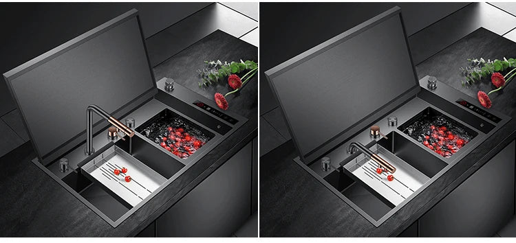 ASRAS Hidden Double Sinks Smart Purifying Kitchen Island Sinks Flip Cover Hidden 4mm Thickness Handmade kitchen Sinks