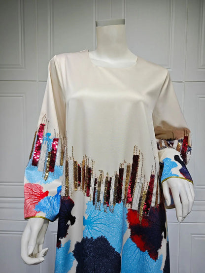 Uni Arab Saudi Printing Sequins Long Dresses Galabia Muslim Eid Women Abayas Islam Clothing Turkish African Kebaya 2025 New