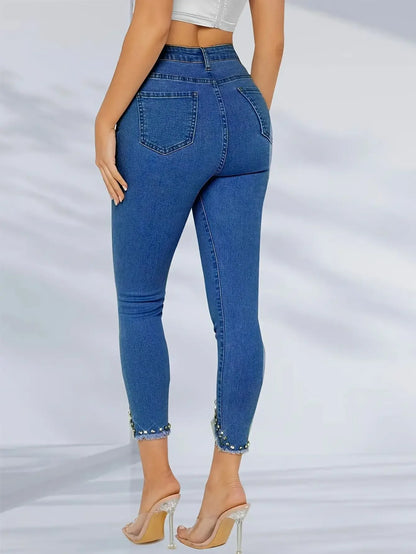 Plus Size Diamond Decorated Elastic Slim Fit Jeans Women's plus Size Washed Denim Stretchy Comfortable Big Size Female Pants.