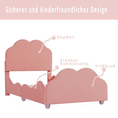 Kinderbett 90 x 200 cm hohes Geländer, Kinderbettgestell mit wolkenförmigem Kopf und Fußteil, Bett aus hautfreundlichem Samt