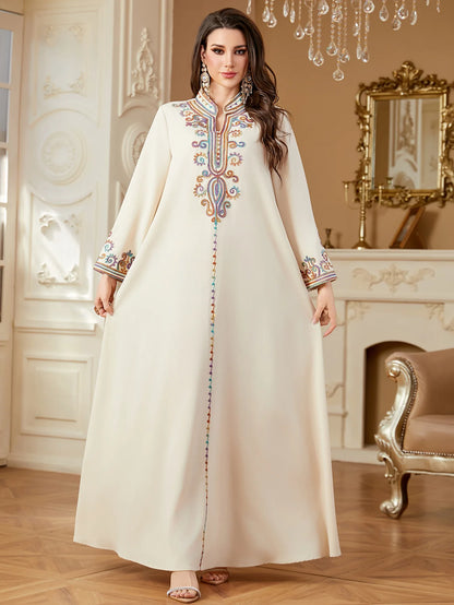 Dubai Muslim New Fashion Women's Embroidereid Long Sleeve V-neck Loose A-line Ankle Length Dresses Female Trendy Elegant Clothes.