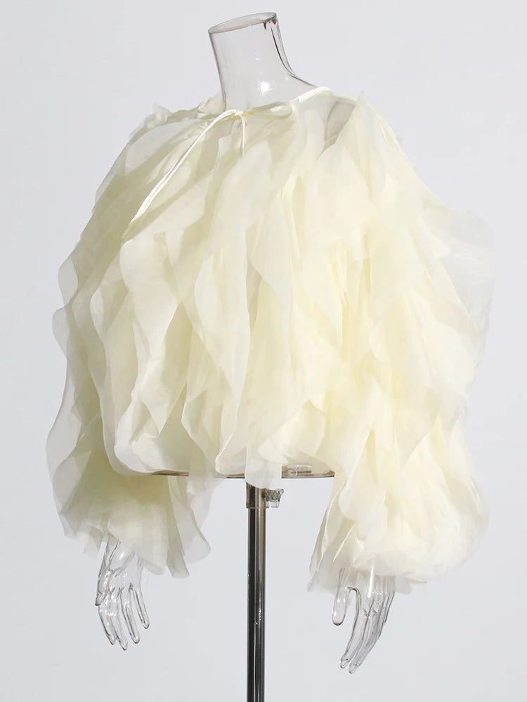 TWOTWINSTYLE Elegant Patchwork Ruffles Chiffon Blouses Women O Neck Lantern Long Sleeve Loose Shirt Female Clothing Fashion.