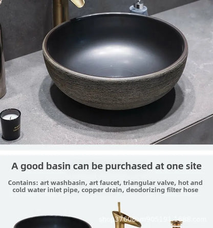Jingdezhen Keramikgefäßwaschbecken – handgefertigtes rustikales Schwarz- und Sandkunstwaschbecken mit Spritzschutz-Design für den Badezimmer-Waschtisch individuell anpassbar