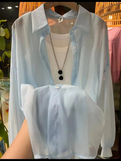 1pcs Woman Four Seasons Shirt Lady Thin Sunscreen Shirts Female Casual Long Sleeve Turn-down Collar Loose Med-Length Style Tops.