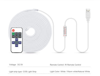 USB 5V Remote Control Dimmable Pure Silicone Tube COB Neon LED Strip Light Waterproof For Garden Bedroom Kitchen Backlight Decor.