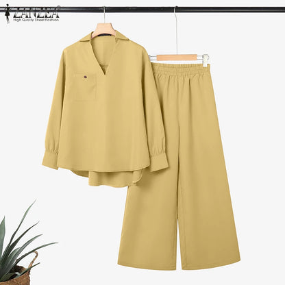 2025 ZANZEA Fashion Lapel Long Sleeve Tops Pant Suit Autumn 2 Piece Sets Women Outfits Office Pant Sets Casual Work OL Tracksuit.
