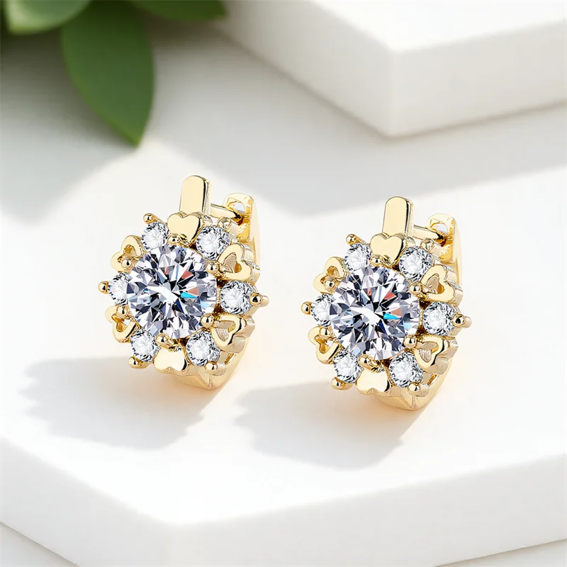 Luxury Crystal Round Stone Snowflake Hoop Earrings For Women Gold Silver Color White Zircon Tiny Ear Buckle Wedding Jewelry Gift.