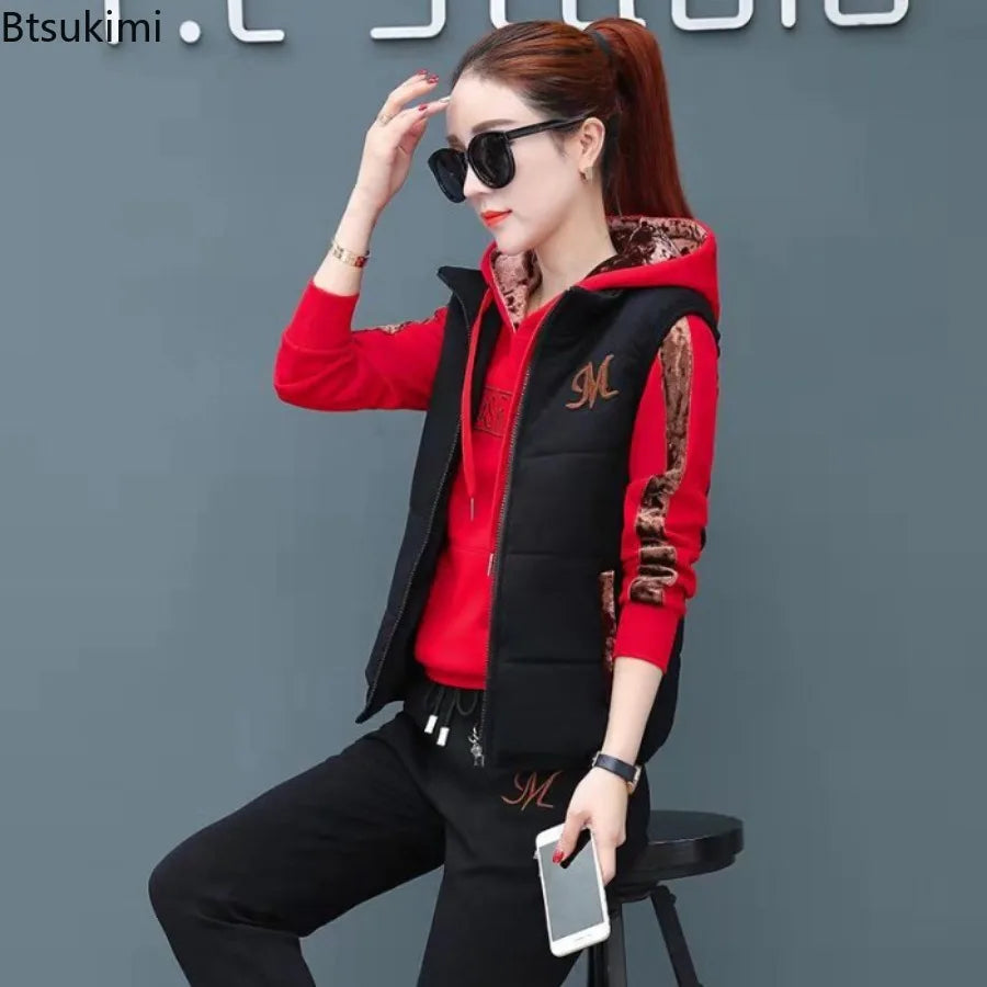 Winter 3 Pcs/Set Women Waistcoat Top Pants Set Letter Embroidery Ladies Winter Tracksuit Color Block Three-piece Sweatpants Set.