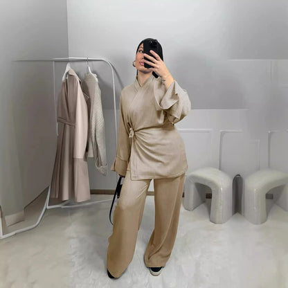 Two Piece Set Women Muslim Blouse Lace Up Wide Leg Pants Suit Eid Ramadan Morocco Dubai Islam Ensemble Arabic Modest Outfits.