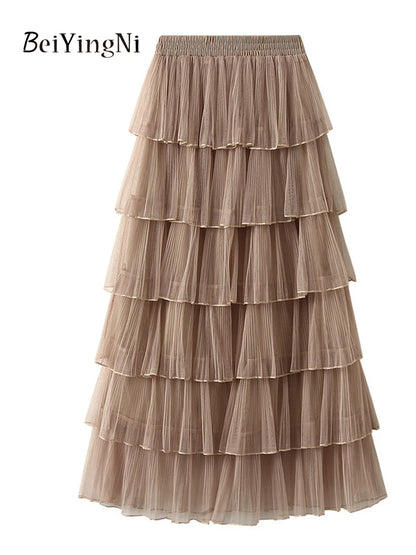 Beiyingni Woman Mesh Long Midi Cake Skirt Solid Color Elegant French Tiered Fairy Tulle Skirts Khaki Casual High Waist Faldas.