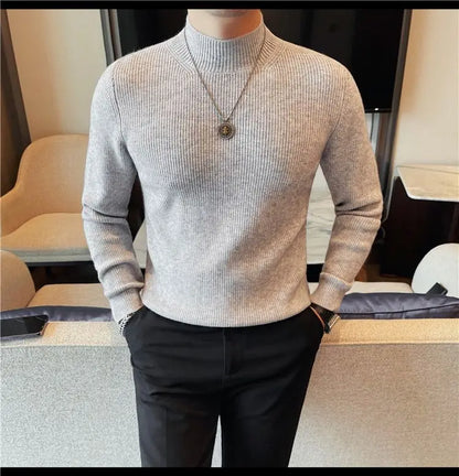 Half Turtleneck Sweater Men with Striped Wool in Autumn Winter Thickened Slightly Loose Base Knitted.