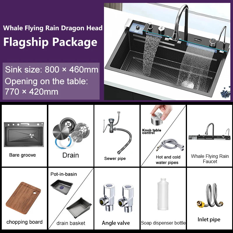 Stainless Steel Digital Kitchen Sink Large Waterfall Pull Out Faucet Honeycomb Embossed Sink Set