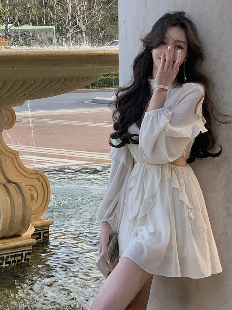 Strand Stil Chiffon Y2k Mini Kleid Büro Dame Casual Langarm Elegante Einteilige Kleid Koreanische Mode Kleidung Sommer 2023