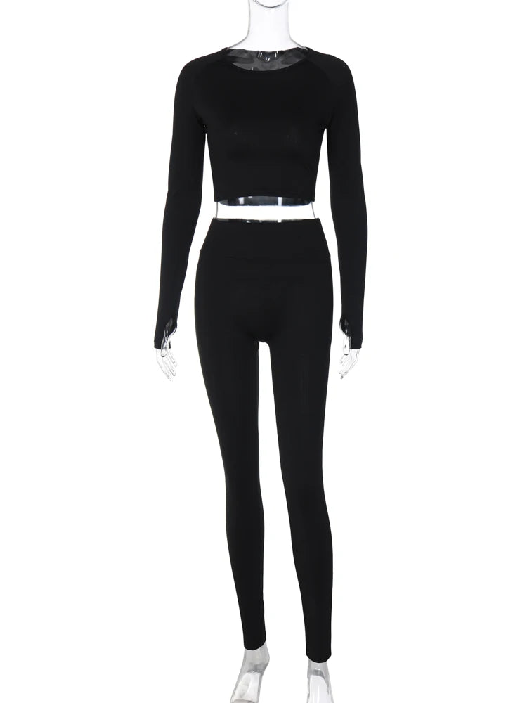 Hugcitar Pure Color Long Sleeve Crop T-Shirt Legging 2 Piece Matching Sets 2024 Spring Women Fashion Streetwear Sports Tracksuit.