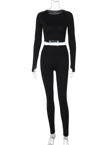 Hugcitar Pure Color Long Sleeve Crop T-Shirt Legging 2 Piece Matching Sets 2024 Spring Women Fashion Streetwear Sports Tracksuit.