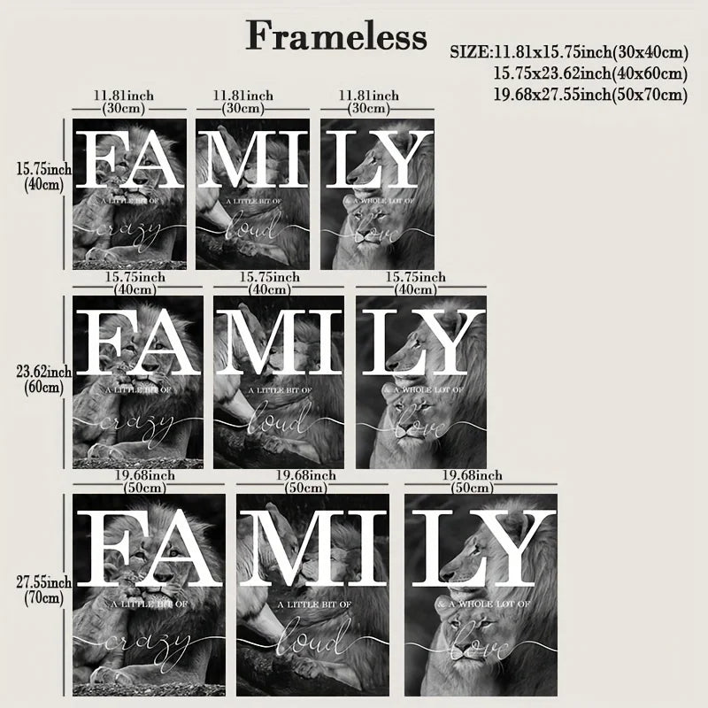 3pcs  Black And White Lion Family Quote Home Signs Canvas Paintings Animal Lion Wall Art Prints And Posters For Living Rooom.