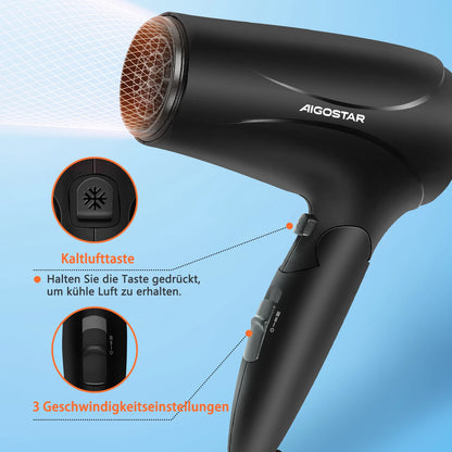 Aigostar Ionic Hair Dryer, Travel Hair Dryer with Foldable Handle, 2 Speeds and 3 Temperature Settings, 2400 W