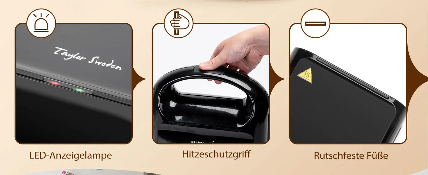 TAYLOR SWODEN 3-in-1 sandwich maker, waffle iron, baking tray, 1200 W, for 4 sandwiches, removable non-stick tray, 180° rotation.