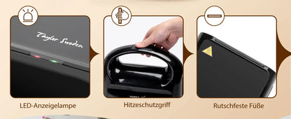 TAYLOR SWODEN 3-in-1 sandwich maker, waffle iron, baking tray, 1200 W, for 4 sandwiches, removable non-stick tray, 180° rotation.