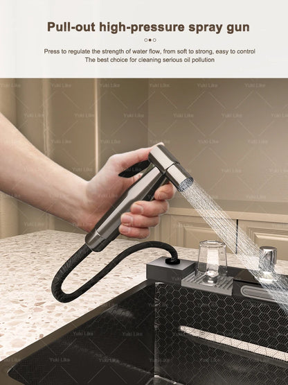 Stainless Steel Waterfall Kitchen Sink Extra Large Single Slot Multifunctional Sinks Digital Display Dishwashing Basin