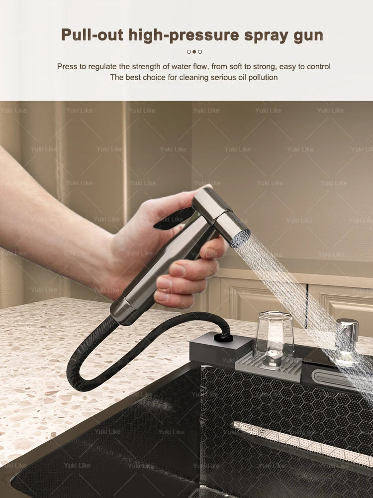 Stainless Steel Waterfall Kitchen Sink Extra Large Single Slot Oversized Sinks Digital Display  Dishwashing Basin