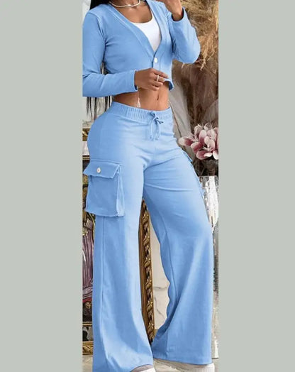 Women's Casual Two Piece Sets Spring Autumn Fashion Cardigan Long Sleeve Short Top Big Pocket Cargo Pants Sets 2024 Outifits.