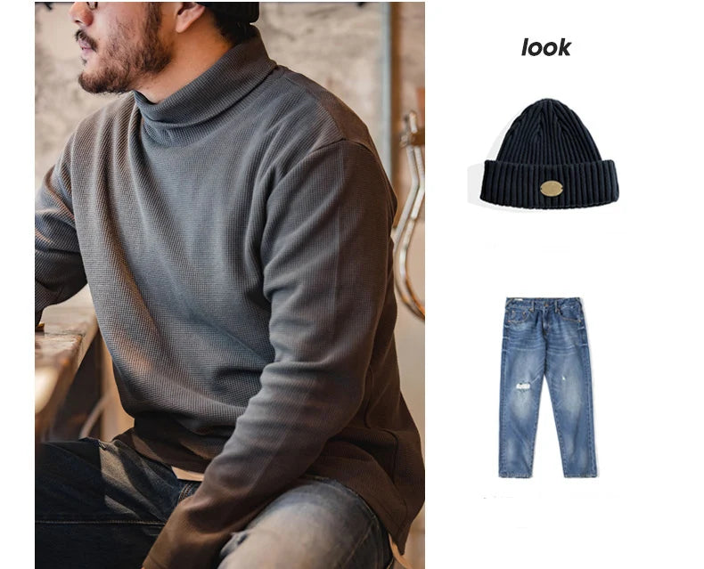 Maden Casual Gray Knitted Turtleneck Sweaters Men's Vintage 310g High Collar Waffle Pullovers Basic Fashion Black Warm Jumper.