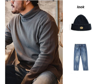 Maden Casual Gray Knitted Turtleneck Sweaters Men's Vintage 310g High Collar Waffle Pullovers Basic Fashion Black Warm Jumper.