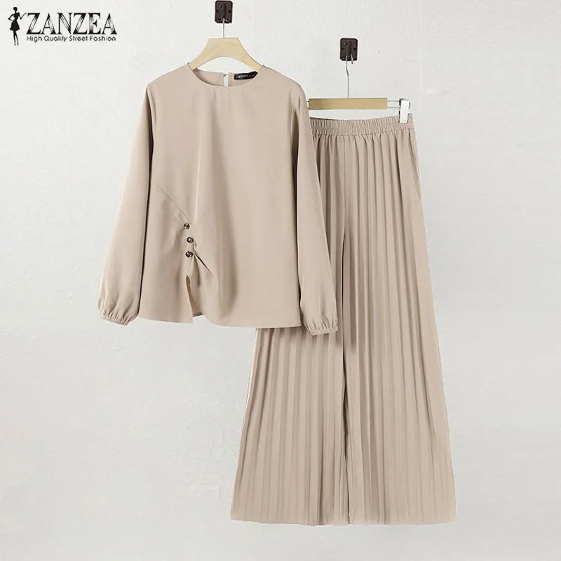 ZANZEA Muslim Sets Fashion 2pcs Women Long Sleeve Blouse Wide Leg Pant Sets Causal Spring Solid Work Outfits Islamic Clothing.