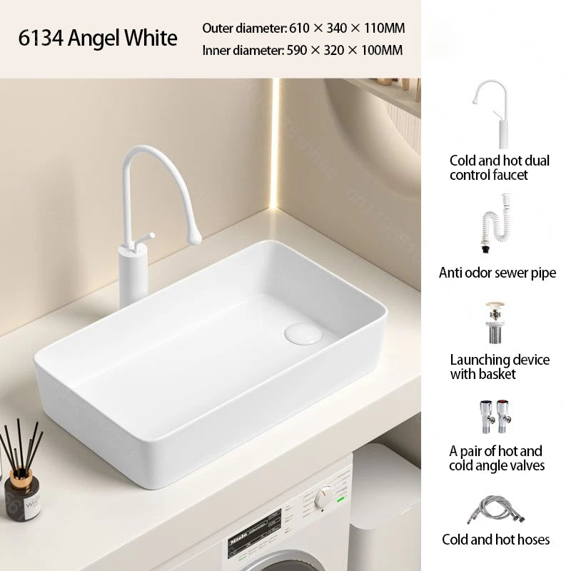 Rechteckiges Waschbecken aus Porzellan-Keramik für Badezimmer, modernes Waschbecken über der Theke mit Abflussset, Waschtischwaschbecken auf der Arbeitsplatte