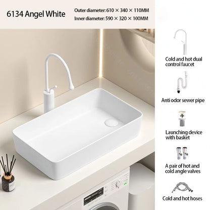 Rechteckiges Waschbecken aus Porzellan-Keramik für Badezimmer, modernes Waschbecken über der Theke mit Abflussset, Waschtischwaschbecken auf der Arbeitsplatte