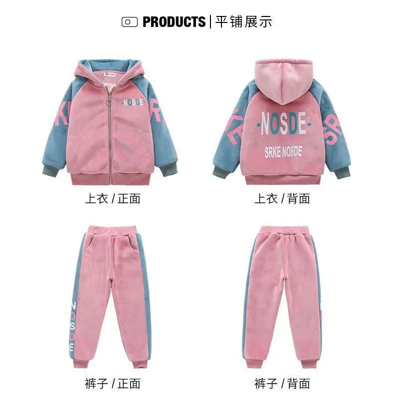 New Winter Keep Warm Girls Clothing Set Padded Lining With Plush Velent Hooded Jacket+Pants 2pcs Suit For 3-12 Years Kids.