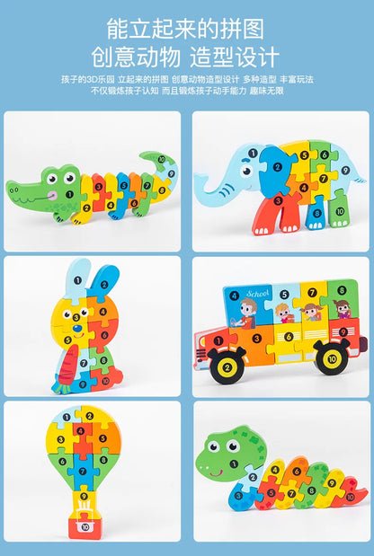 3D Stereoscopic Montessori Wooden Puzzle Cartoon Dinosaur Animal Shape Color Cognitive Educational Game Toy Kids Birthday Gift.