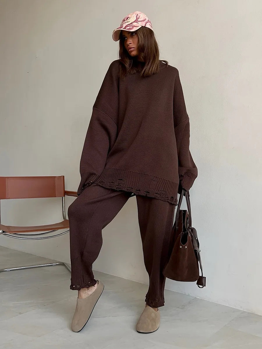 Bornladies Autumn Winter Women's New Turtleneck Knit Sweater Skinny Knit Pants Set Soft Oversized Ripped Hem Fashion Pullover