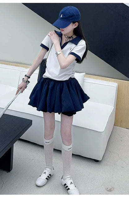 Girls Summer New Fashion Korean Style School Sports Short Sleeve T-Shirt And Bloomers Two-Piece Set White Floral Print Outfit.