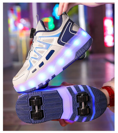 Children Four Wheels Luminous Glowing Sneakers Black Pink Led Light Roller Skate Shoes Kids Led Shoes Boys Girls USB Charging