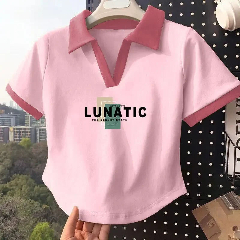 White Short Sleeve Popl Shirt Women's Summer T-shirt 2025 New Style Korean Version Small Size Shoulder Collar Top Cotton Materia.